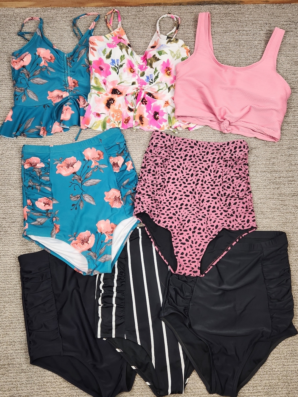 Coral Reef Swimsuit Tankini 8 Pieces S/M High-Rise Pink Floral Black Mix n Match
